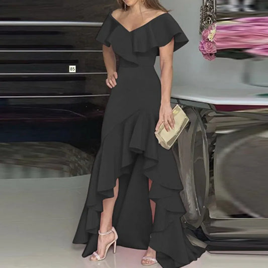 2024 Independent Station Aliexpress Amazon European and American Style V-Neck Ruffle Edge Irregular Elegant Dress