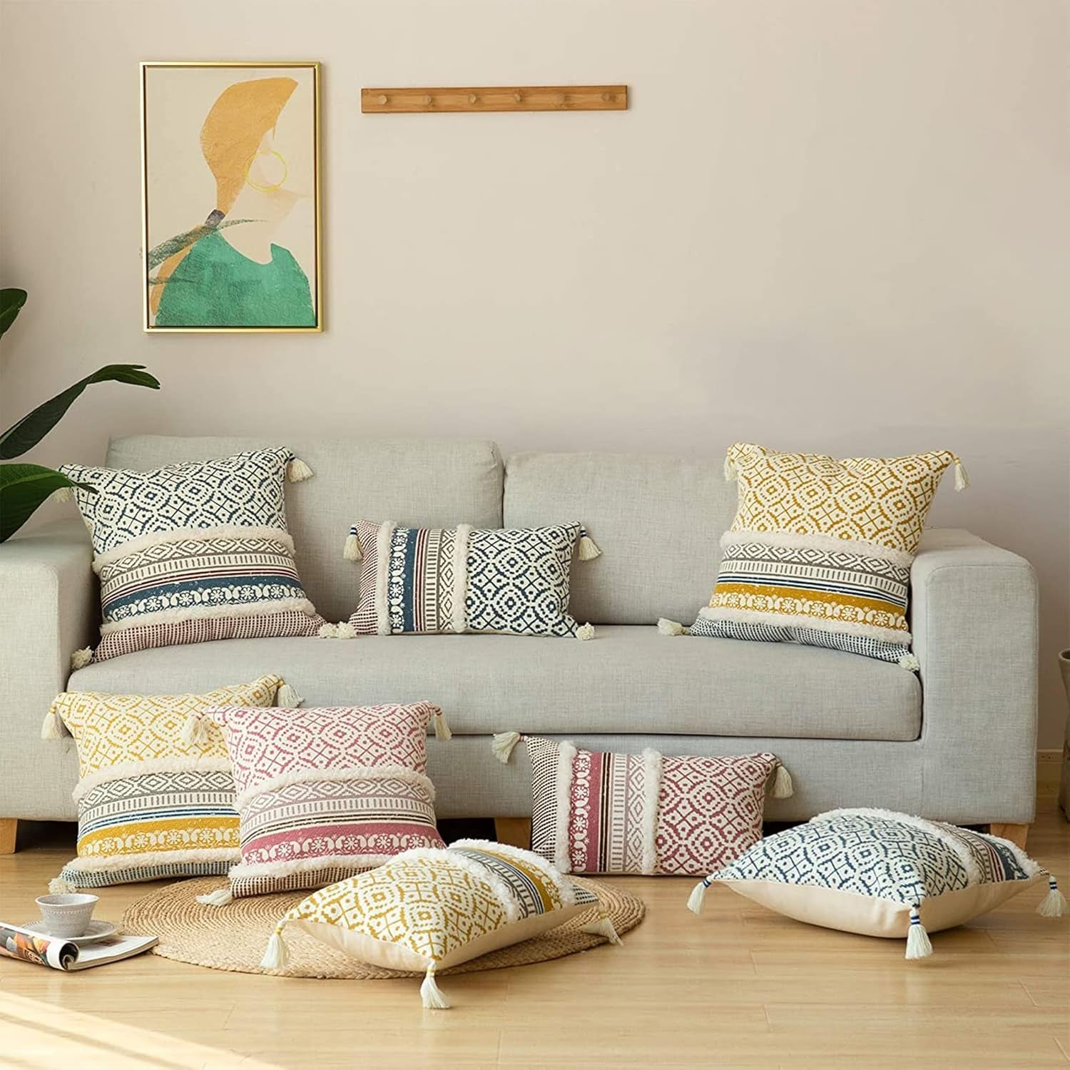 Boho Tufted Decorative Throw Pillow Covers for Couch Sofa - Modern Moroccan Pillow Case with Tassels, Accent Decor Large Pillowcase for Bedroom Living Room Car Hotel, 22 X 22 Inches, Yellow