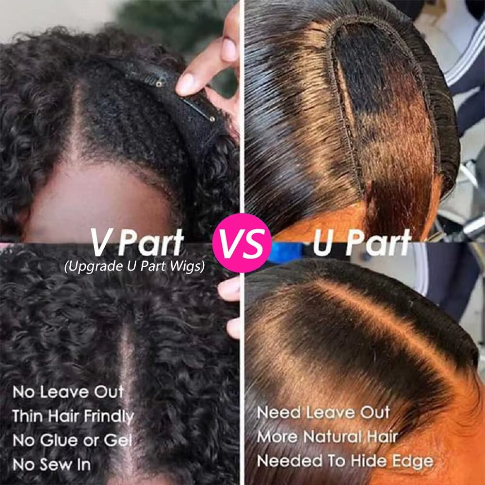 Deep Curly V Part Wigs Kinky Curly Synthetic Hair Wigs for Black Women Deep Water Wave No Leave Out Full Head Clip in Half Wig