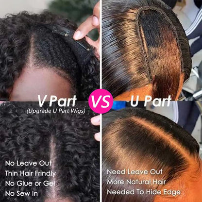 Deep Curly V Part Wigs Kinky Curly Synthetic Hair Wigs for Black Women Deep Water Wave No Leave Out Full Head Clip in Half Wig