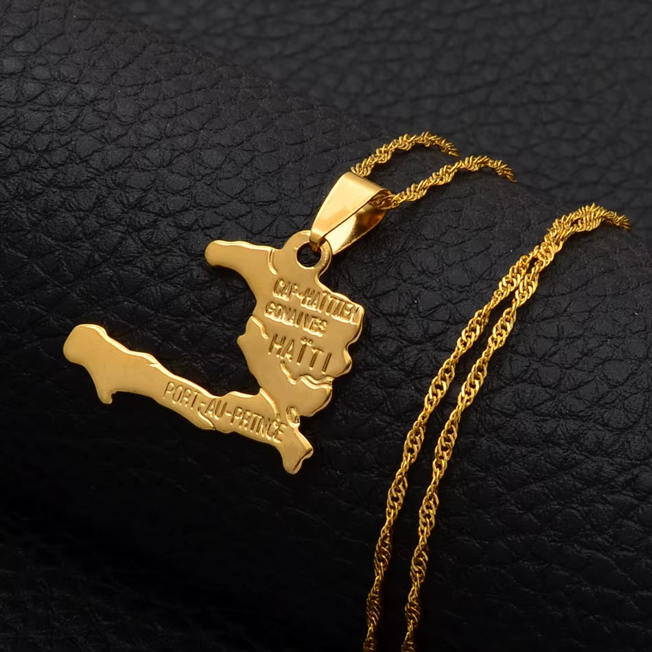 Haiti Map Necklace Pendants for Women Girls,Gold Color Ayiti Jewelry Map of Haiti #003910