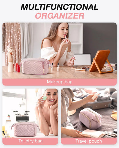 Large Capacity Makeup Bag Cosmetic Pouch, Wide-Open Travel Toiletry Bag Organizer Case for Lipsticks Electonic Accessories, Waterproof Portable, Multifunction, Pink