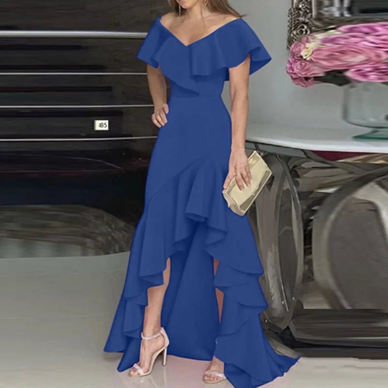 2024 Independent Station Aliexpress Amazon European and American Style V-Neck Ruffle Edge Irregular Elegant Dress