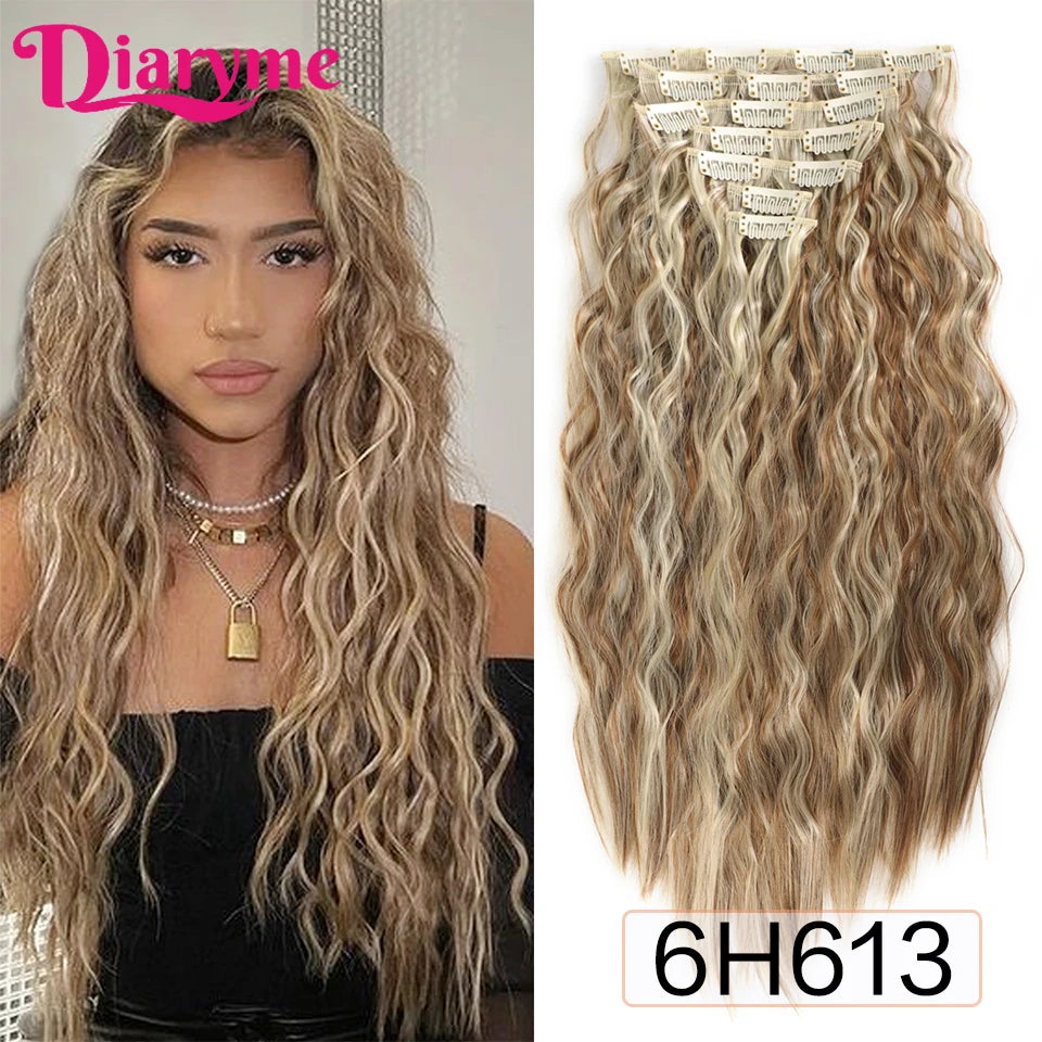 Long Waves Hair Extensions Synthetic Wig Hairpieces 7 PCS Wavy Curly Clip in Hair Extension Natural Fake Hair Piece Half Wig
