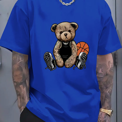 Men's T-shirt With Cool Bear And Basketball Prints, Casual Short Sleeved Round Neck T-shirt, Soft And Comfortable Top, Street Fashion