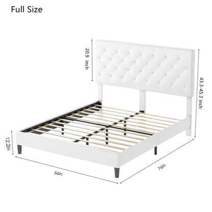 Full Bed Frame, White Faux Leather Upholstered Button Tufted Low Profile Platform Bed Frame with Adjustable Headboard for Bedroom
