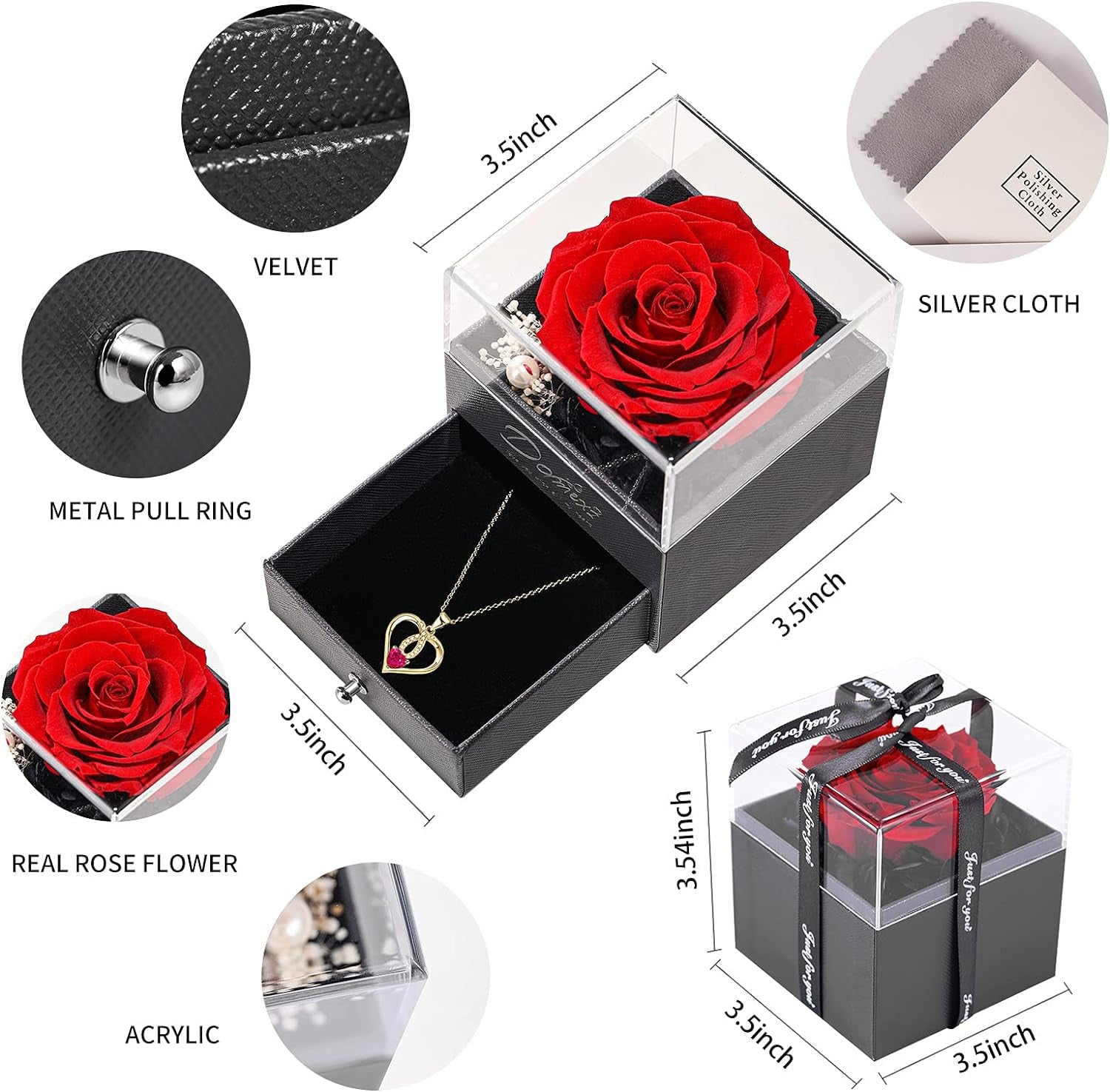 Preserved Real Rose with Eternal Love Necklace,21.65" Lengthen Chain,Anniversary Birthday Valentines Gift for Wife Her Girlfriend Mom Women Grandma Daughter Sister on Mothers Day Wedding Day