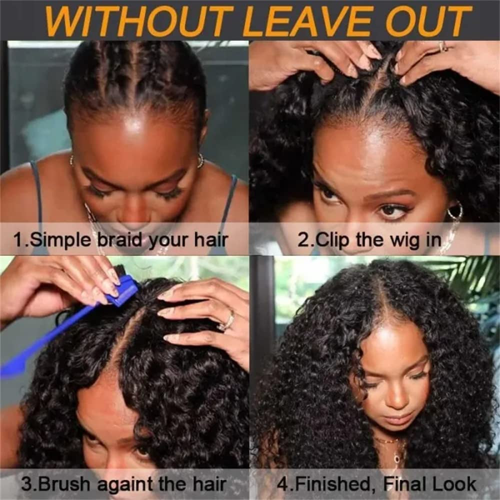 Curly V Part Wig Human Hair Brazilian Virgin Human Hair Wigs for Black Women Upgrade U Part Wig Glueless Full Head Clip in Half Wig V Shape Wig No Leave Out 180% Density Natural Color 16 Inch