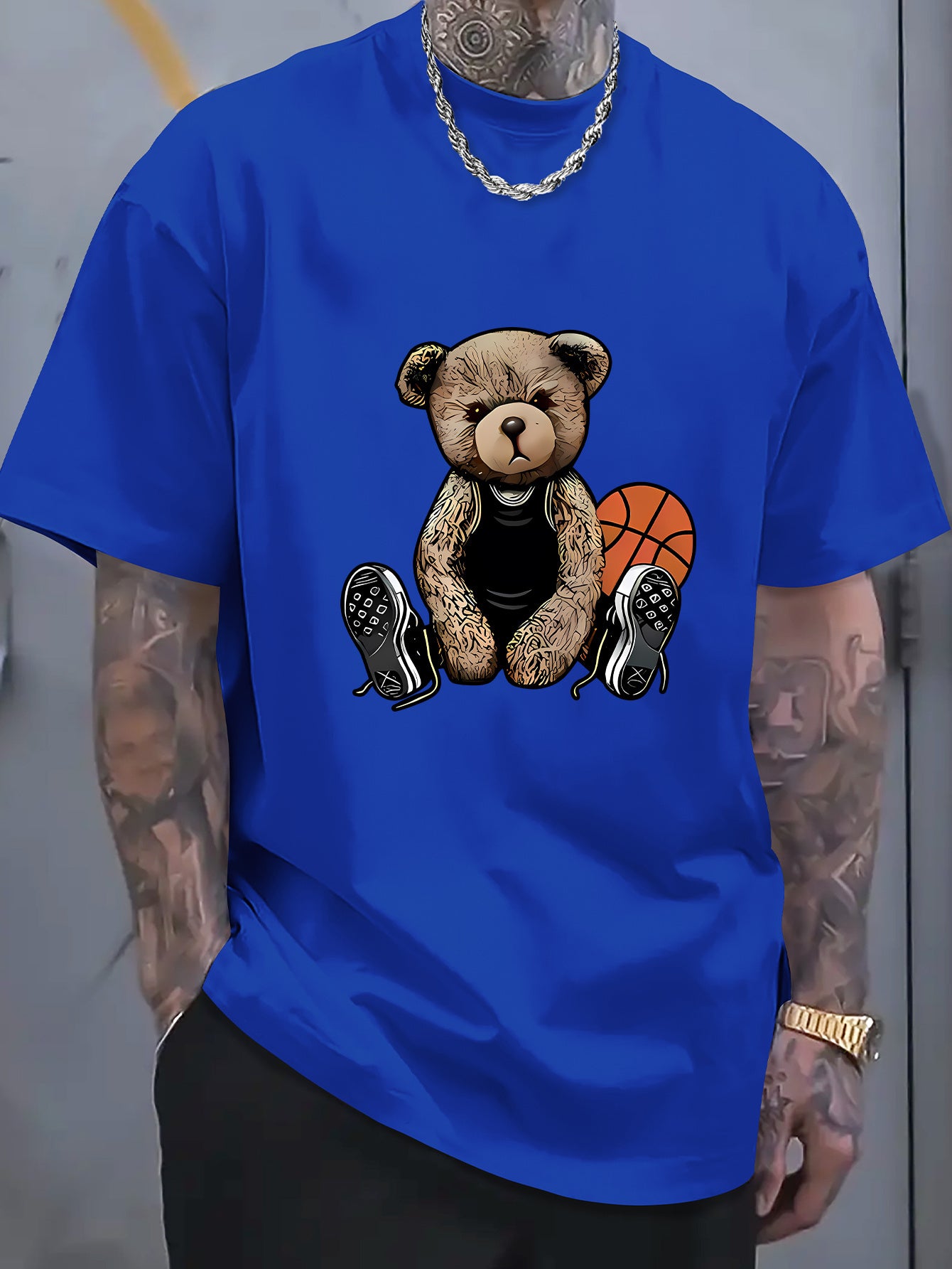 Men's T-shirt With Cool Bear And Basketball Prints, Casual Short Sleeved Round Neck T-shirt, Soft And Comfortable Top, Street Fashion