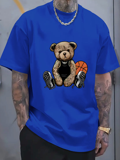 Men's T-shirt With Cool Bear And Basketball Prints, Casual Short Sleeved Round Neck T-shirt, Soft And Comfortable Top, Street Fashion