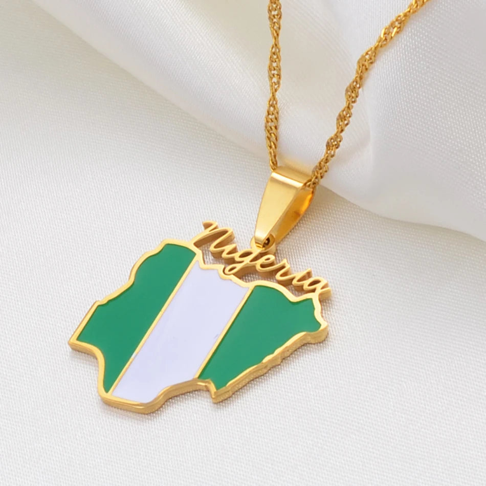 Nigeria Map Flag Pendant Necklaces Gold Color Nigerian Maps Jewelry Patriotic #136621