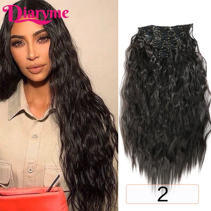 Long Waves Hair Extensions Synthetic Wig Hairpieces 7 PCS Wavy Curly Clip in Hair Extension Natural Fake Hair Piece Half Wig
